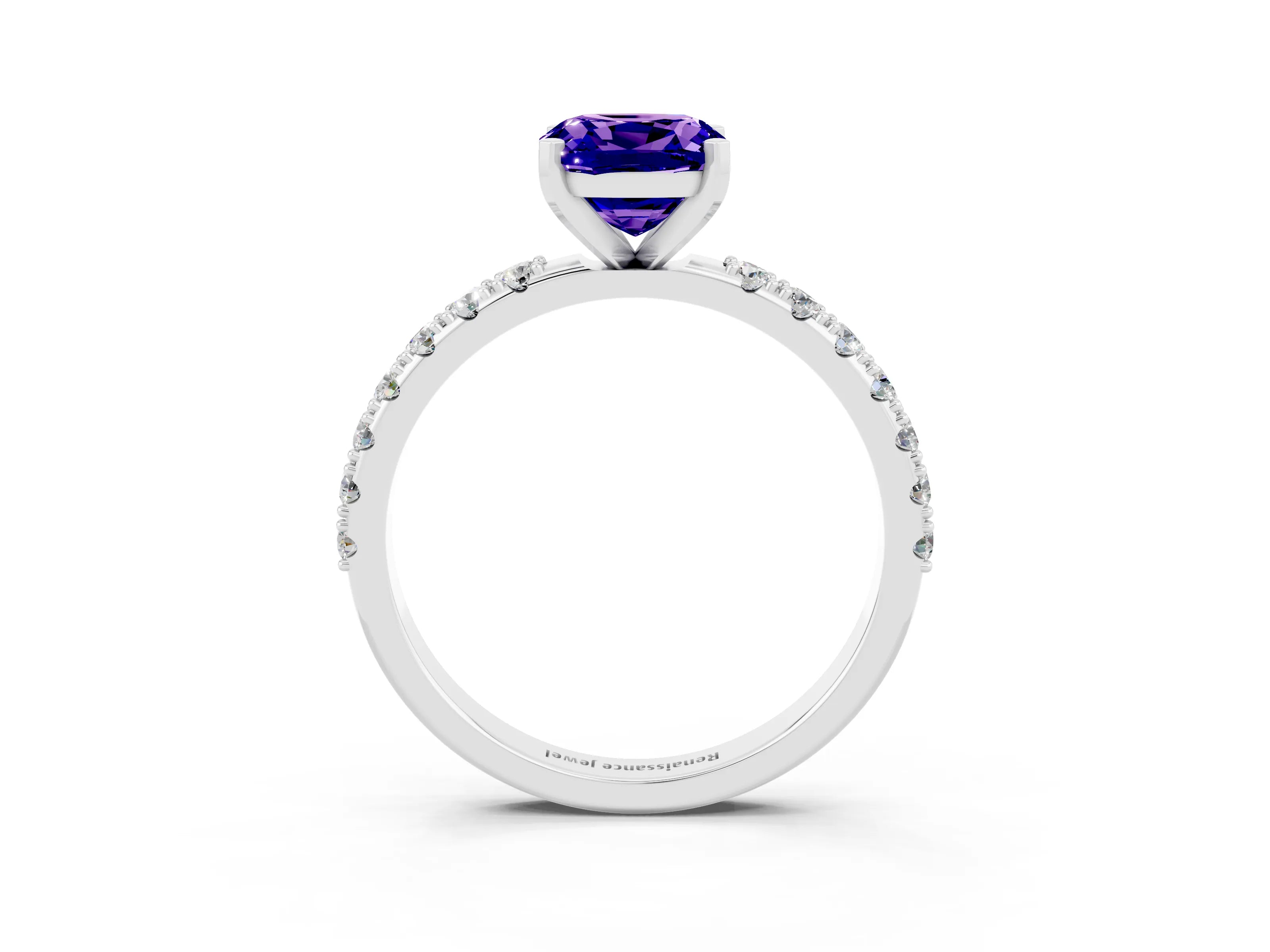 White gold Cushion Cut Tanzanite Solitaire Pavé Band with Four-Prong Setting_3