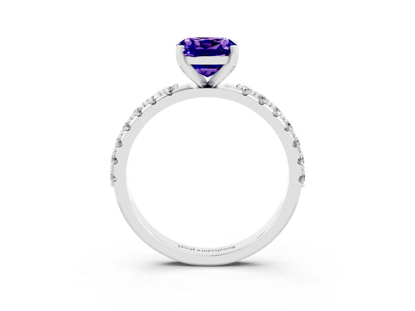 White gold Cushion Cut Tanzanite Solitaire Pavé Band with Four-Prong Setting
