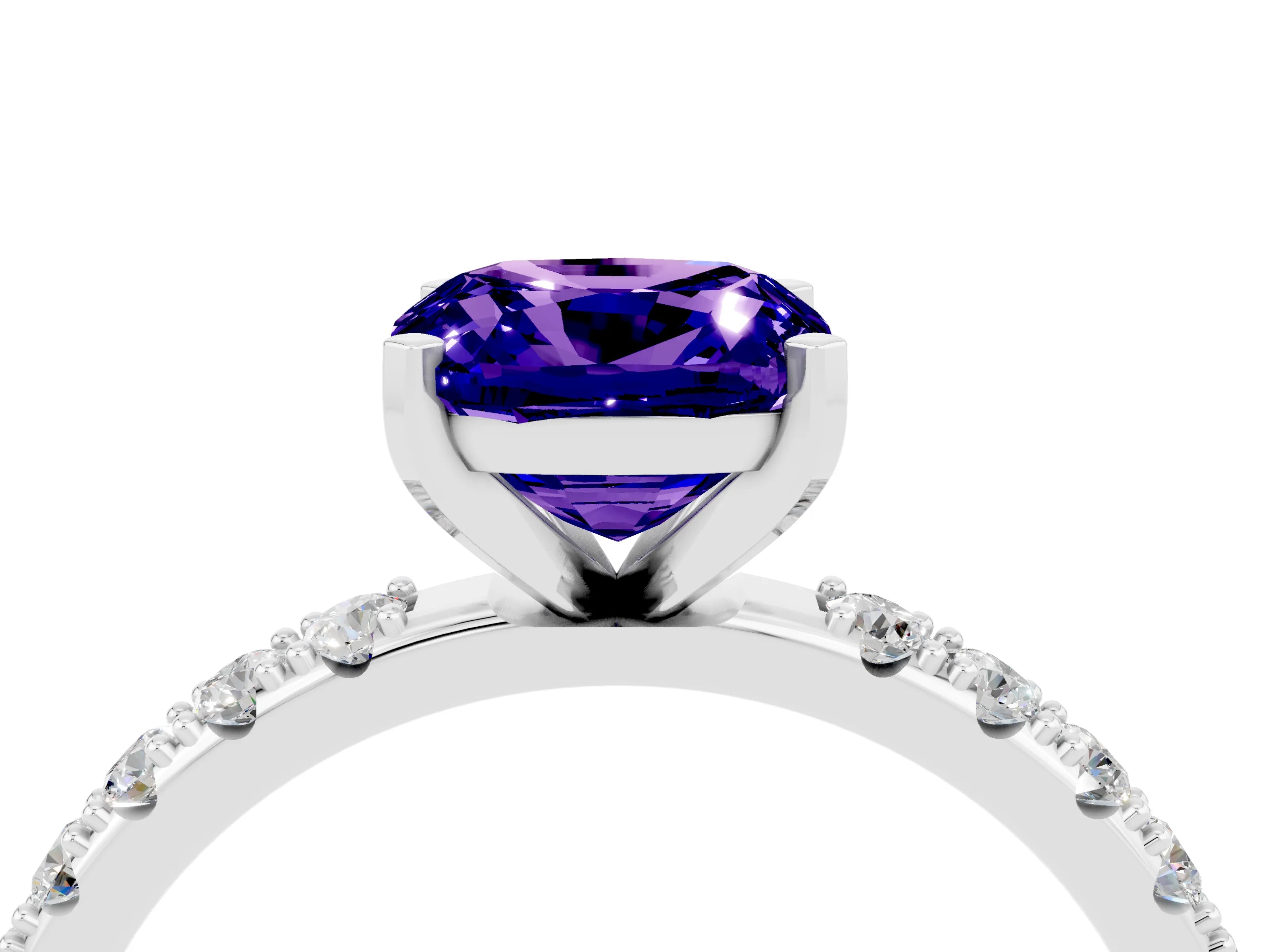 White gold Cushion Cut Tanzanite Solitaire Pavé Band with Four-Prong Setting_4