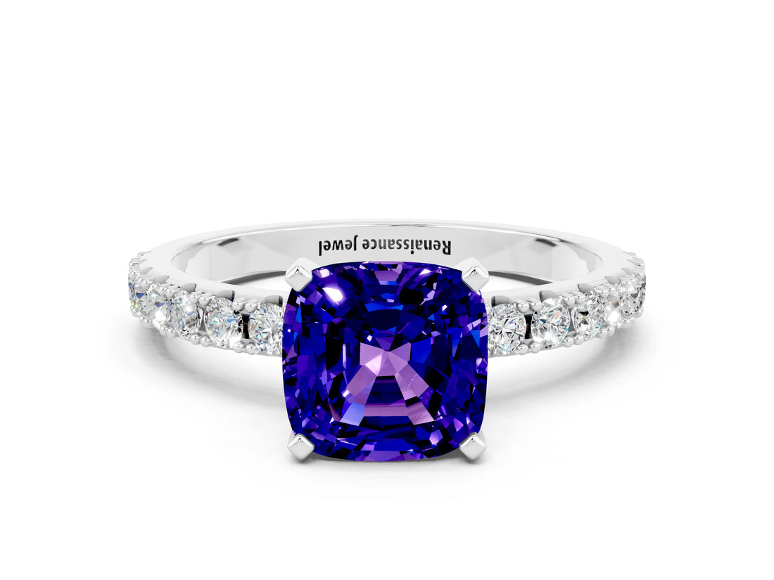 White gold Cushion Cut Tanzanite Solitaire Pavé Band with Four-Prong Setting