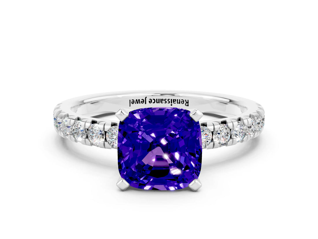 White gold Cushion Cut Tanzanite Solitaire Pavé Engagement Ring with Round Band and Prong Setting_84