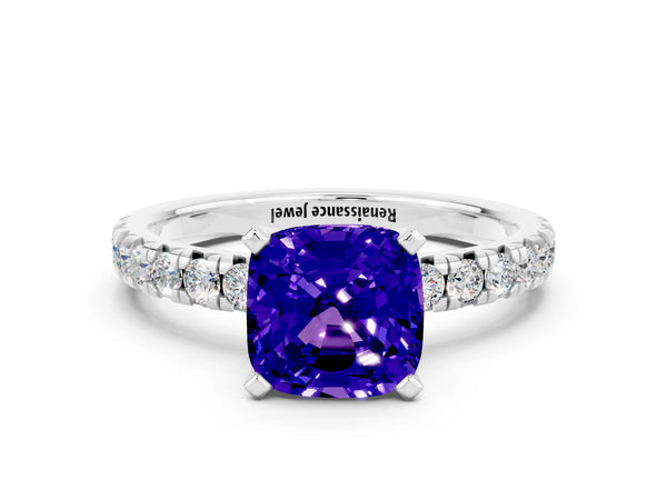 Platinum Cushion Cut Tanzanite Solitaire Pavé Engagement Ring with Round Band and Prong Setting