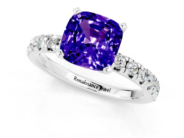 Platinum Cushion Cut Tanzanite Solitaire Pavé Engagement Ring with Round Band and Prong Setting