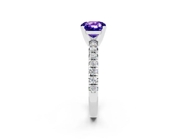 Silver Cushion Cut Tanzanite Solitaire Pavé Engagement Ring with Round Band and Prong Setting