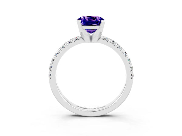 White gold Cushion Cut Tanzanite Solitaire Pavé Engagement Ring with Round Band and Prong Setting