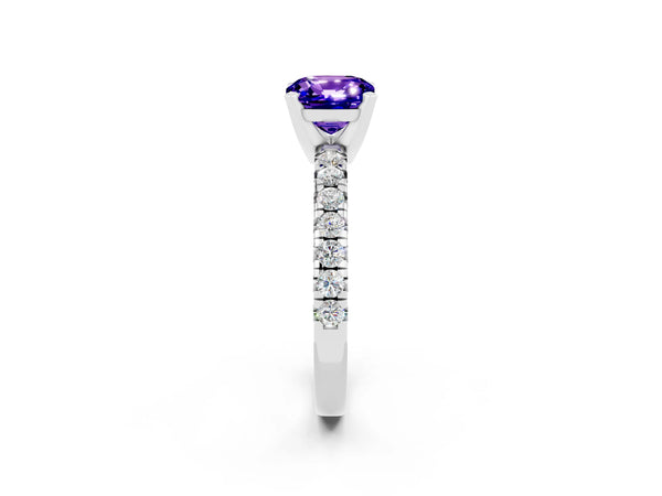 White gold Cushion Cut Tanzanite Solitaire Pavé Engagement Ring with Round Band and Prong Setting