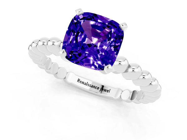 Platinum Cushion Cut Tanzanite Solitaire Ring with Beaded Band and Prong Setting