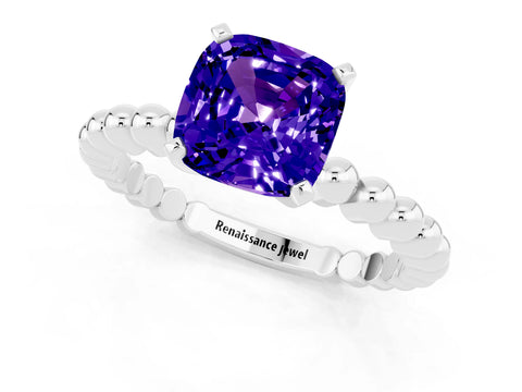 White gold Cushion Cut Tanzanite Solitaire Ring with Beaded Band and Prong Setting_13