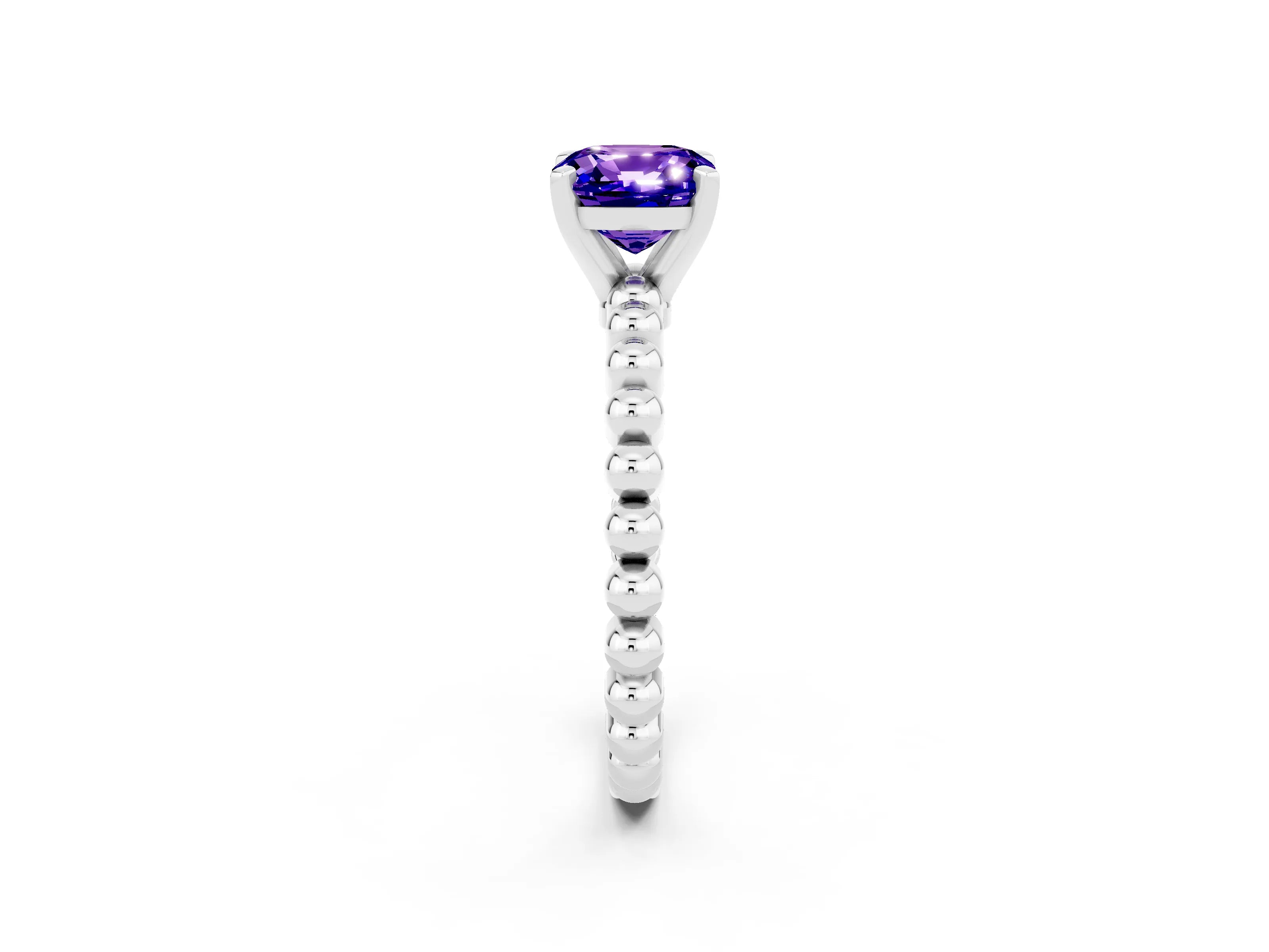 White gold Cushion Cut Tanzanite Solitaire Ring with Beaded Band and Prong Setting_14