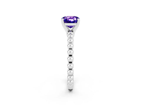 White gold Cushion Cut Tanzanite Solitaire Ring with Beaded Band and Prong Setting_14