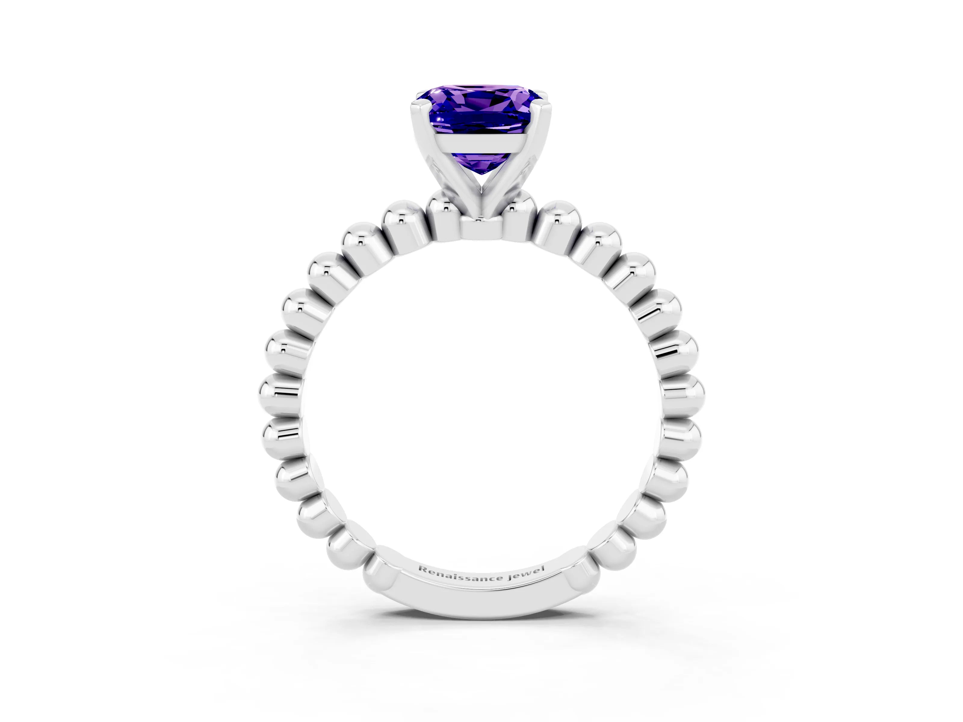 White gold Cushion Cut Tanzanite Solitaire Ring with Beaded Band and Prong Setting_15