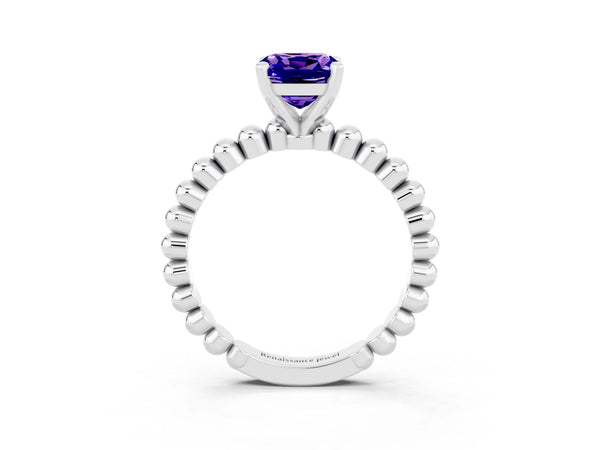 White gold Cushion Cut Tanzanite Solitaire Ring with Beaded Band and Prong Setting