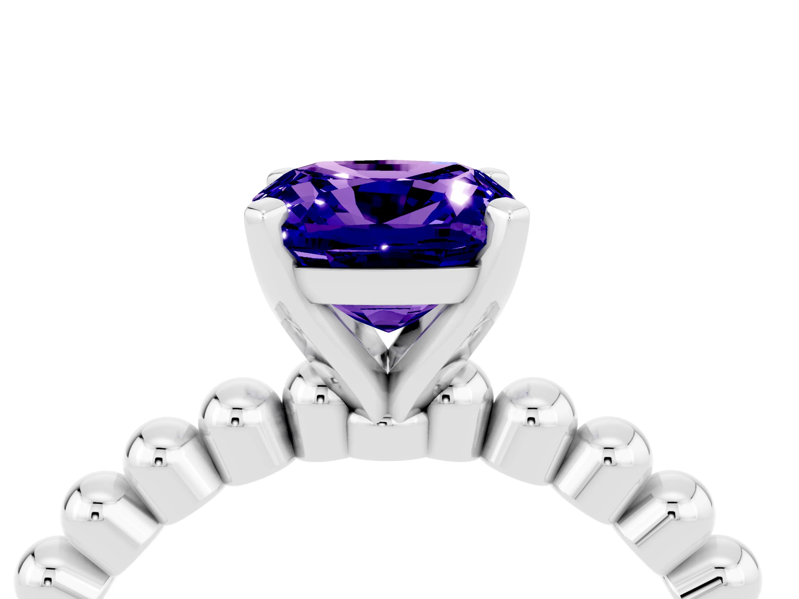 White gold Cushion Cut Tanzanite Solitaire Ring with Beaded Band and Prong Setting_16
