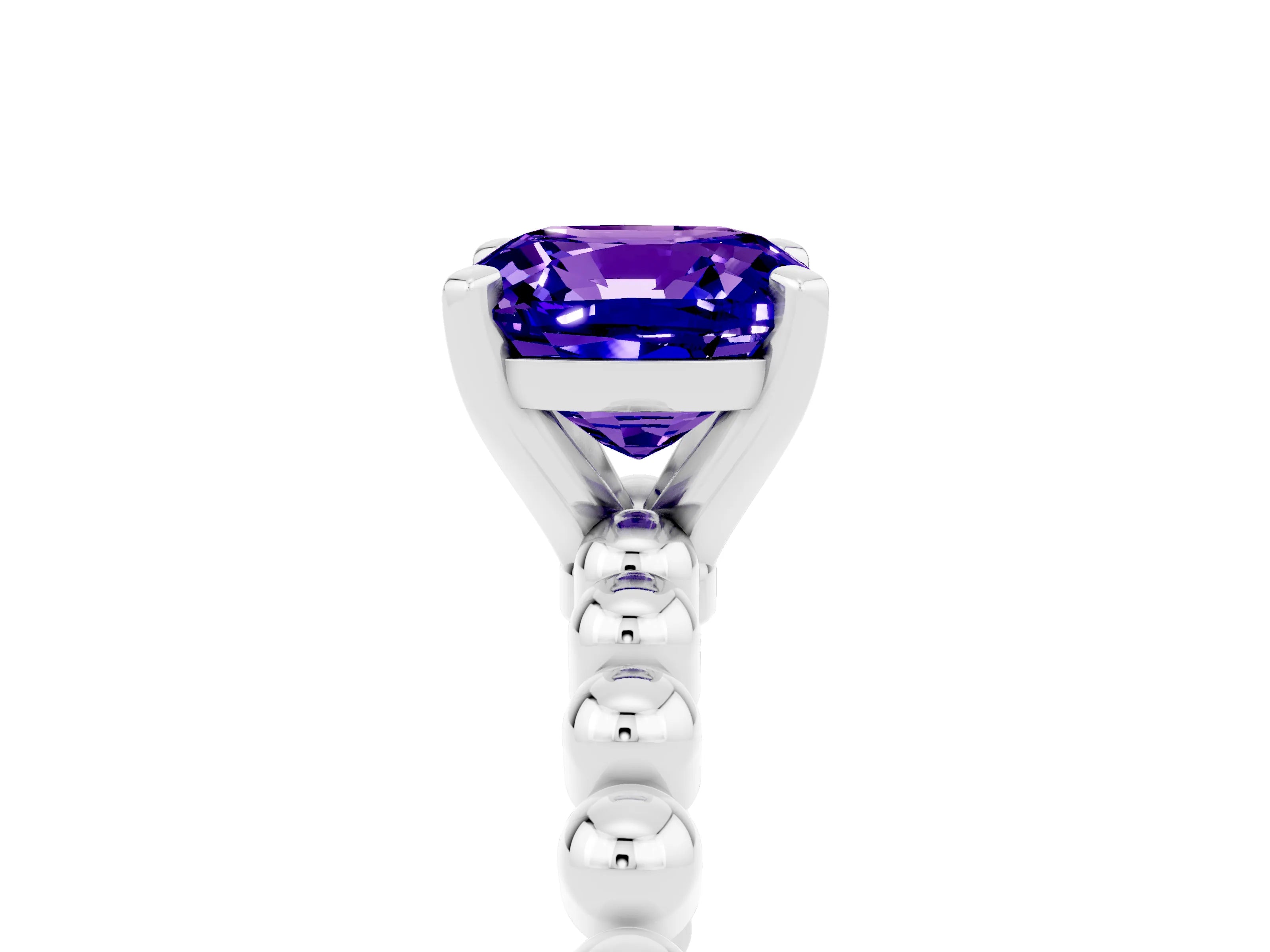 White gold Cushion Cut Tanzanite Solitaire Ring with Beaded Band and Prong Setting_17