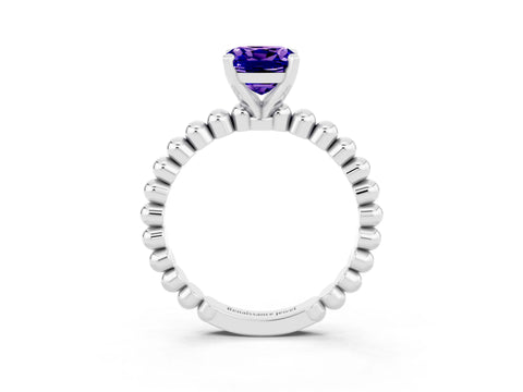 White gold Cushion Cut Tanzanite Solitaire Ring with Beaded Band and Prong Setting_3
