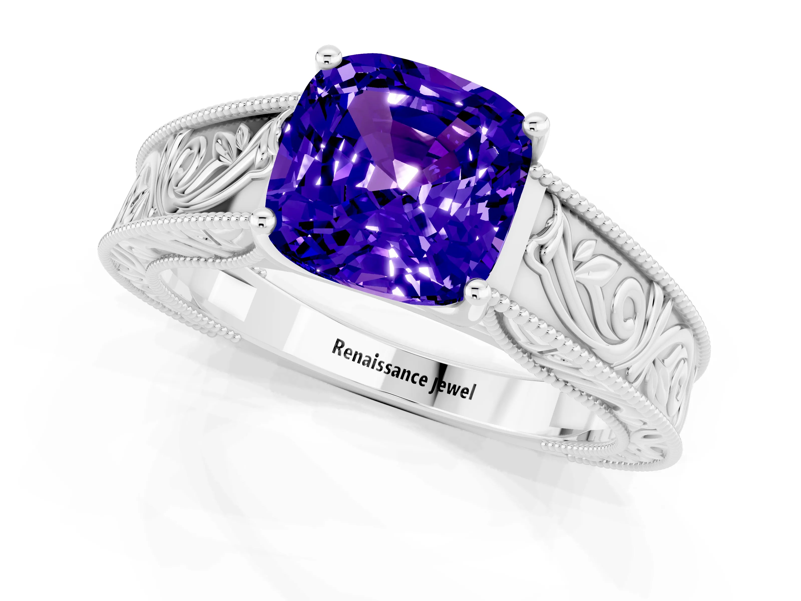 White gold Cushion Cut Tanzanite Solitaire Ring with Engraved Band and Four-Prong Setting_1