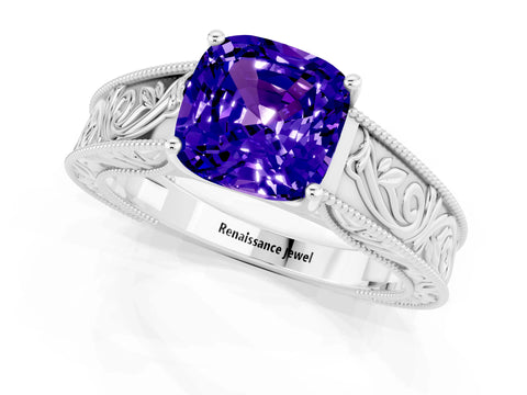 White gold Cushion Cut Tanzanite Solitaire Ring with Engraved Band and Four-Prong Setting_1