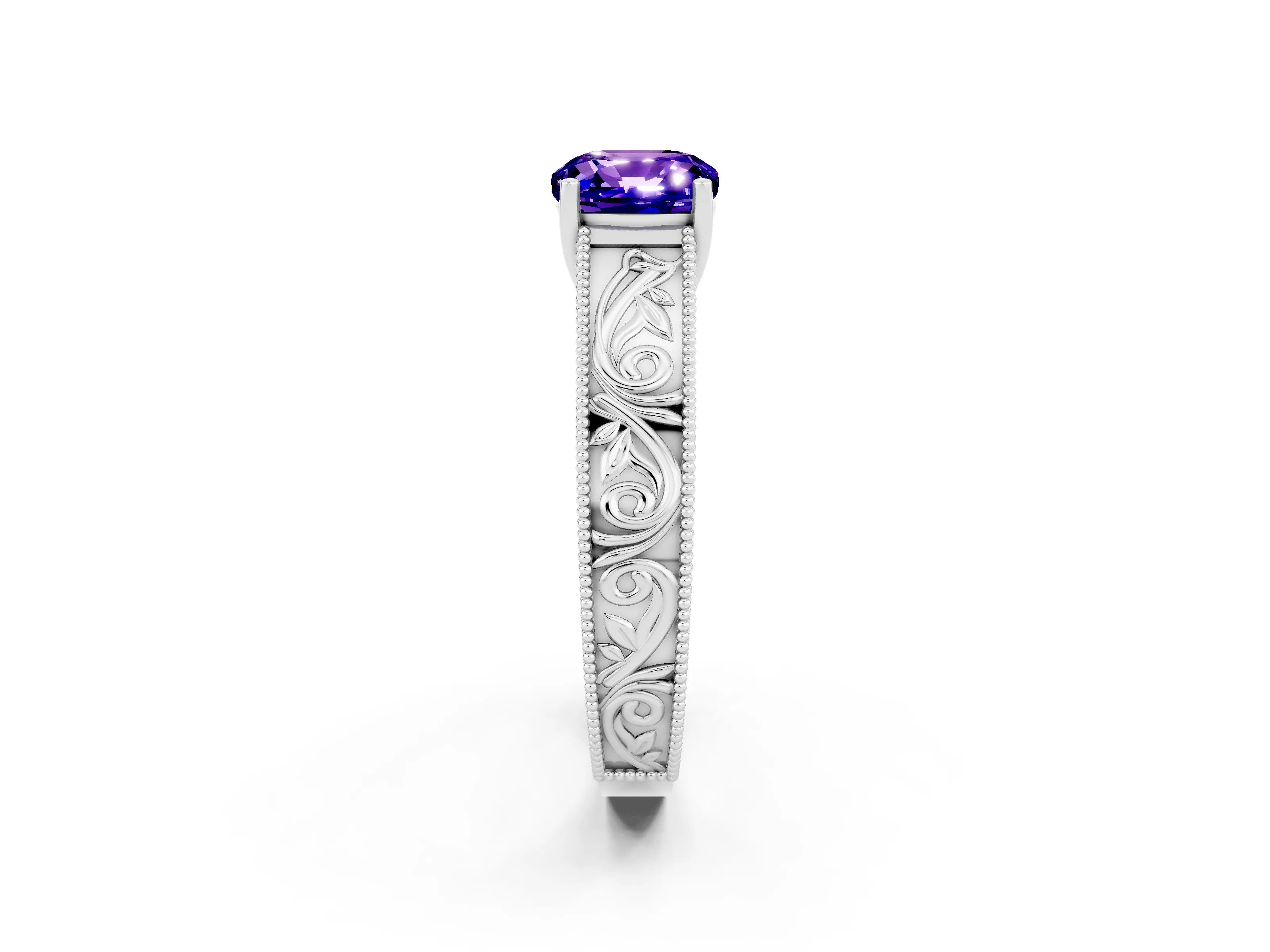 White gold Cushion Cut Tanzanite Solitaire Ring with Engraved Band and Four-Prong Setting_2