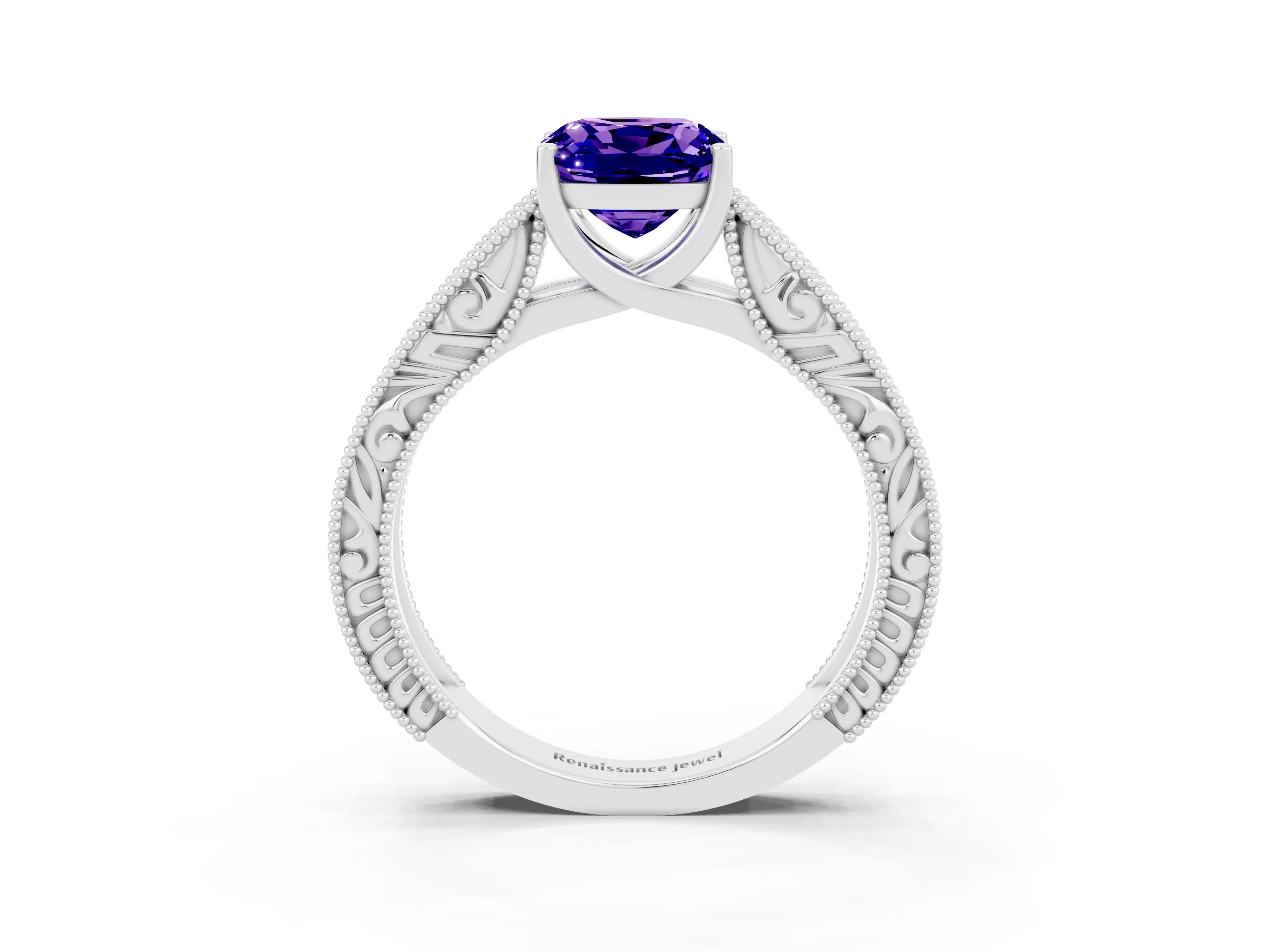 White gold Cushion Cut Tanzanite Solitaire Ring with Engraved Band and Four-Prong Setting_3