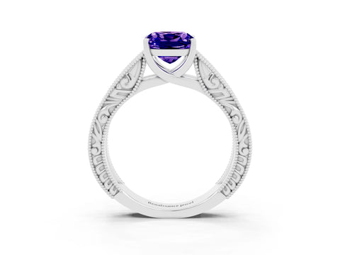 White gold Cushion Cut Tanzanite Solitaire Ring with Engraved Band and Four-Prong Setting_3