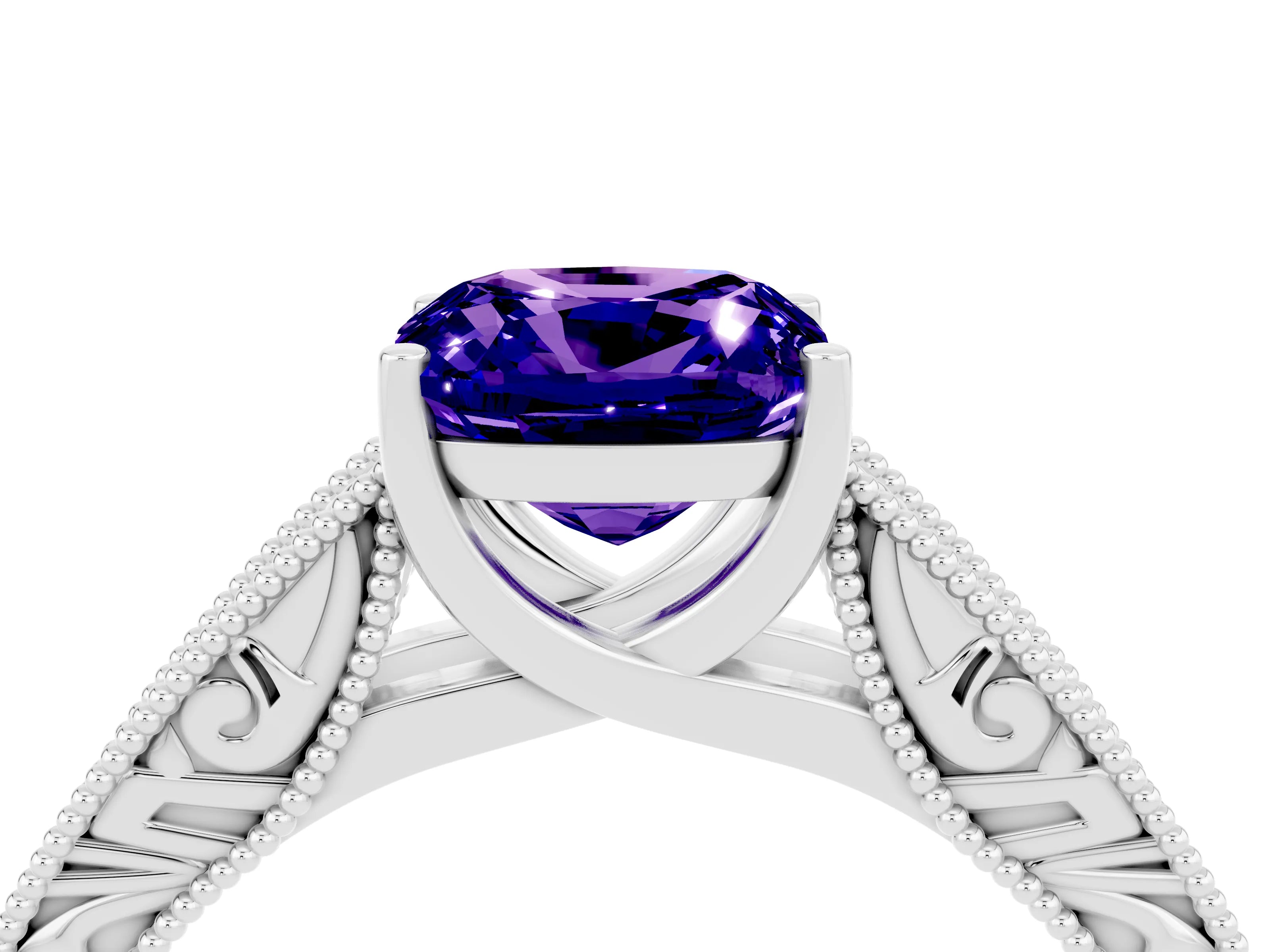 White gold Cushion Cut Tanzanite Solitaire Ring with Engraved Band and Four-Prong Setting_4