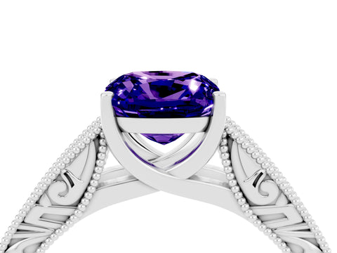 White gold Cushion Cut Tanzanite Solitaire Ring with Engraved Band and Four-Prong Setting_4