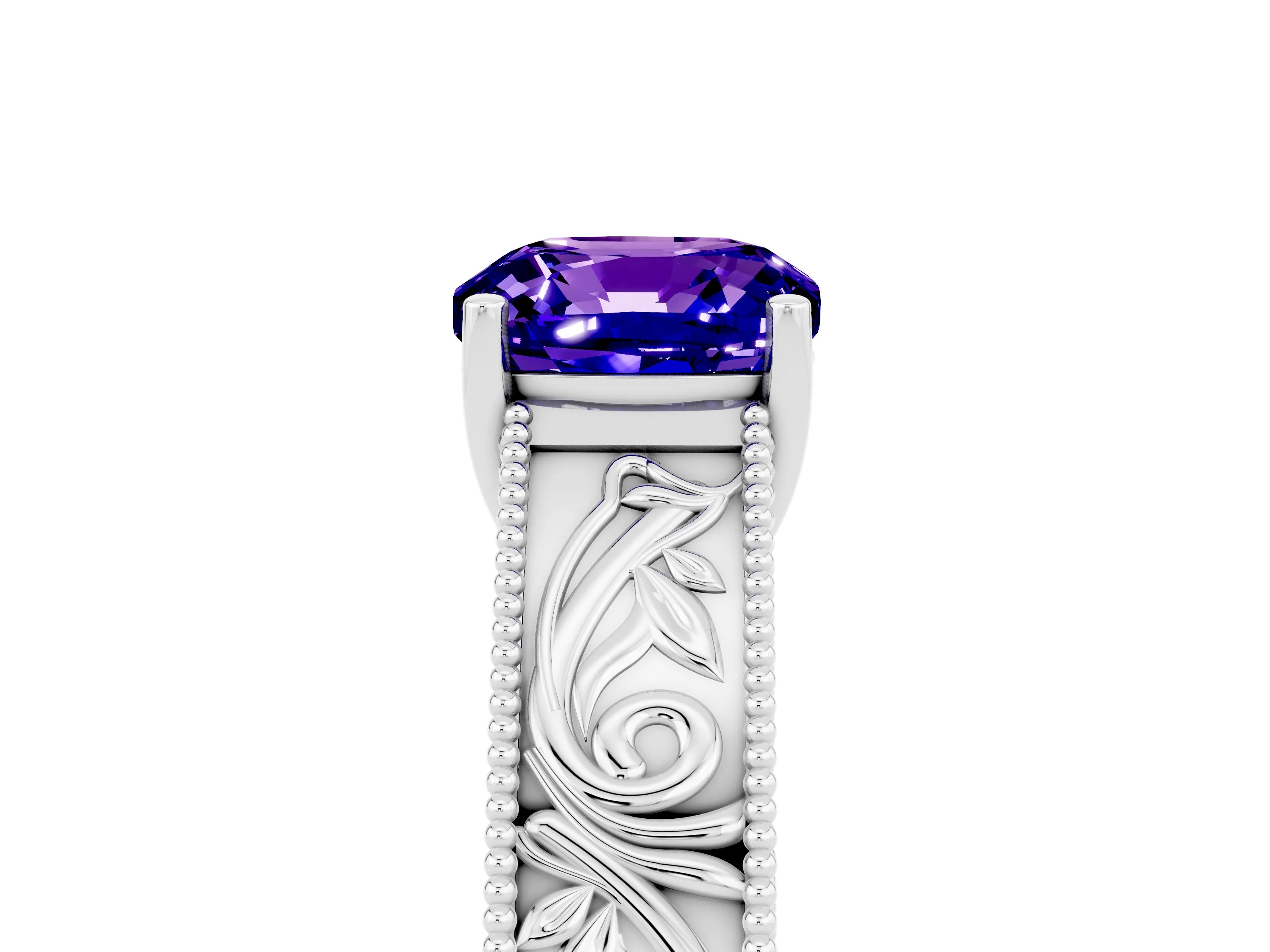 White gold Cushion Cut Tanzanite Solitaire Ring with Engraved Band and Four-Prong Setting_5