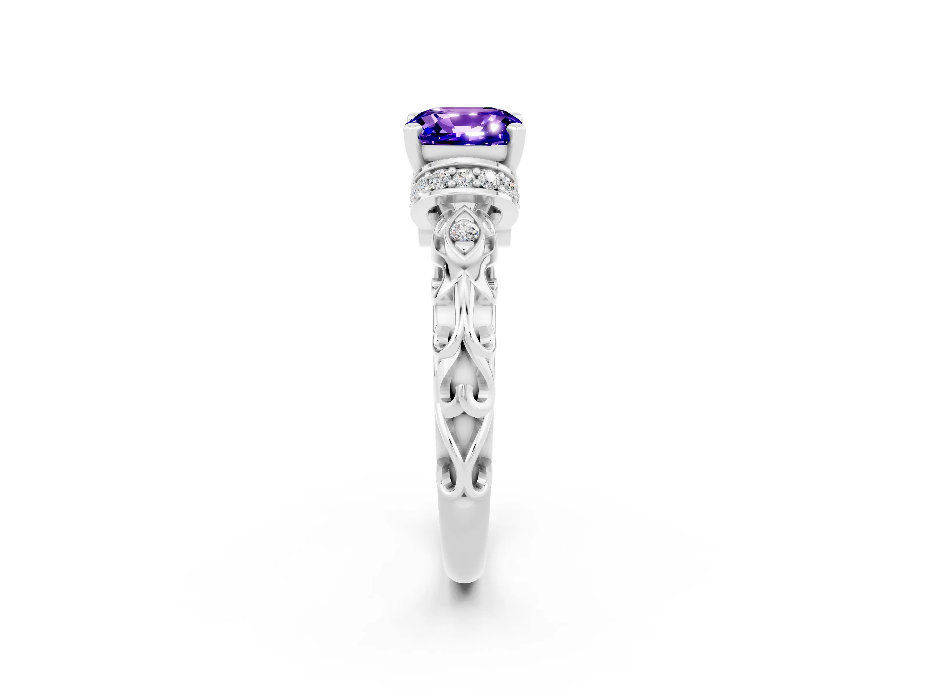 White gold Cushion Cut Tanzanite Solitaire Ring with Filigree Band and Four-Prong Setting_65