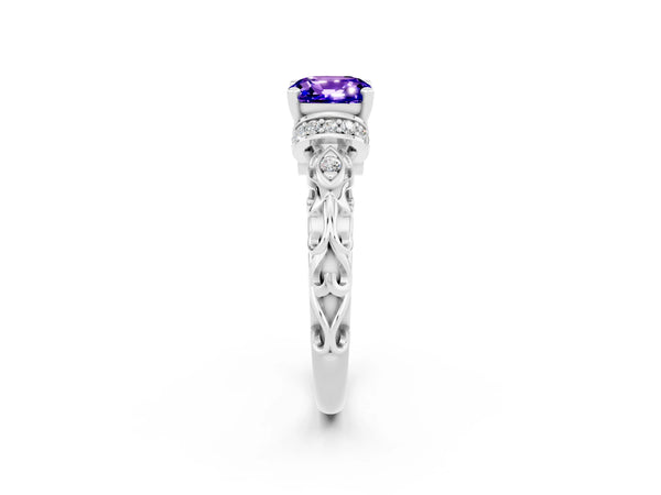 White gold Cushion Cut Tanzanite Solitaire Ring with Filigree Band and Four-Prong Setting