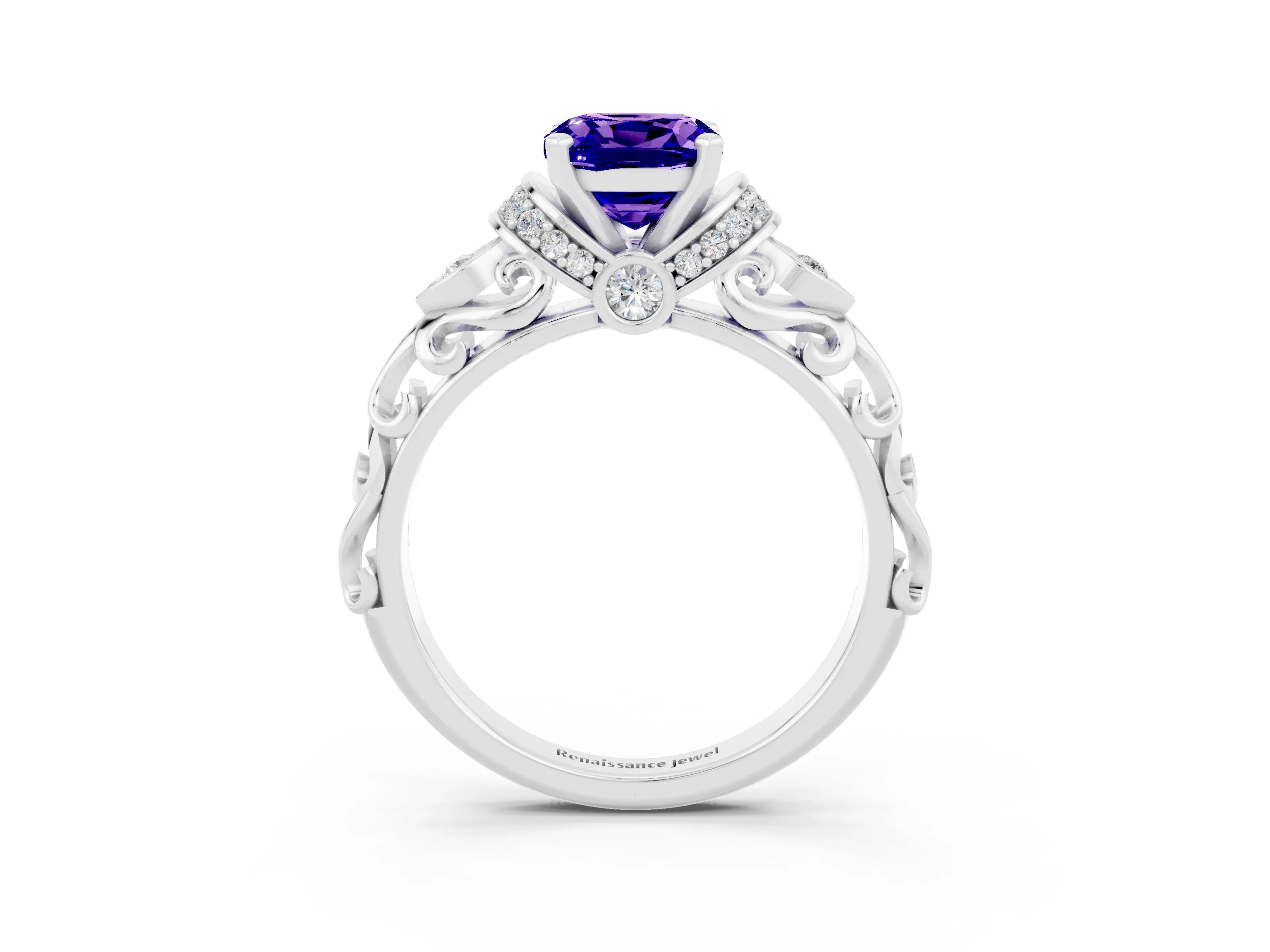 White gold Cushion Cut Tanzanite Solitaire Ring with Filigree Band and Four-Prong Setting_66