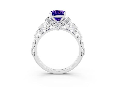 White gold Cushion Cut Tanzanite Solitaire Ring with Filigree Band and Four-Prong Setting_66
