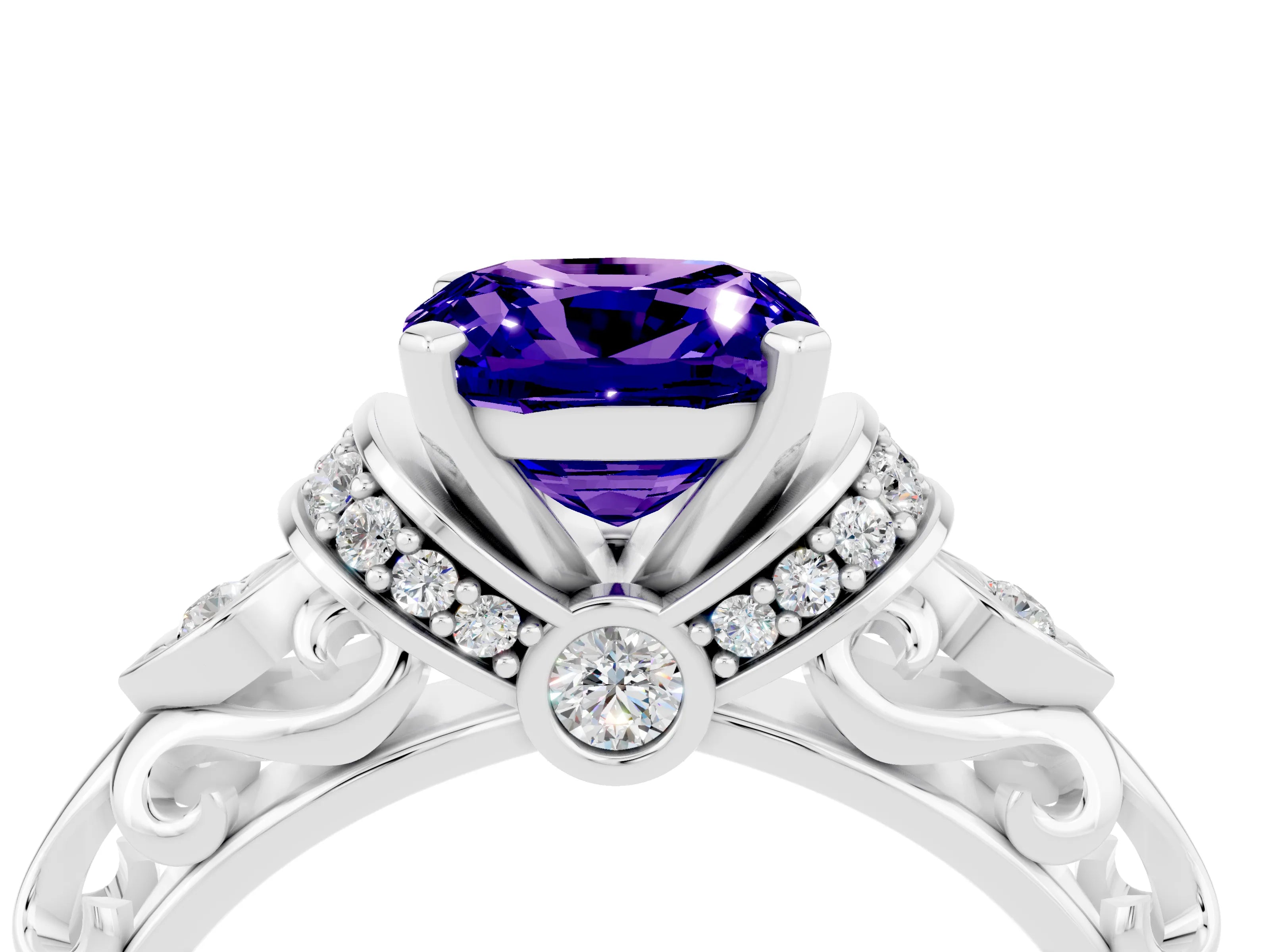 White gold Cushion Cut Tanzanite Solitaire Ring with Filigree Band and Four-Prong Setting_67