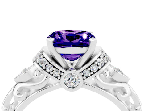 White gold Cushion Cut Tanzanite Solitaire Ring with Filigree Band and Four-Prong Setting_67