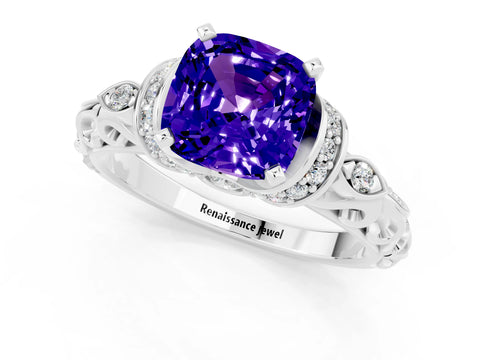 White gold Cushion Cut Tanzanite Solitaire Ring with Filigree Band and Four-Prong Setting_67