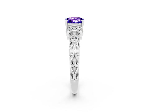 White gold Cushion Cut Tanzanite Solitaire Ring with Filigree Band and Four-Prong Setting_68