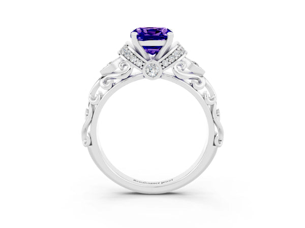 Silver Cushion Cut Tanzanite Solitaire Ring with Filigree Band and Four-Prong Setting