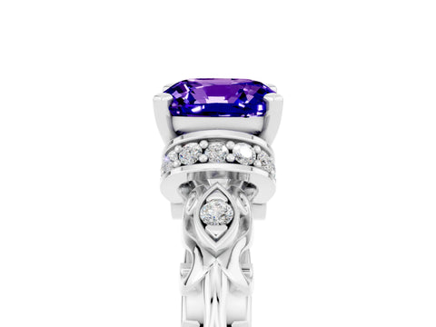 White gold Cushion Cut Tanzanite Solitaire Ring with Filigree Band and Four-Prong Setting_71
