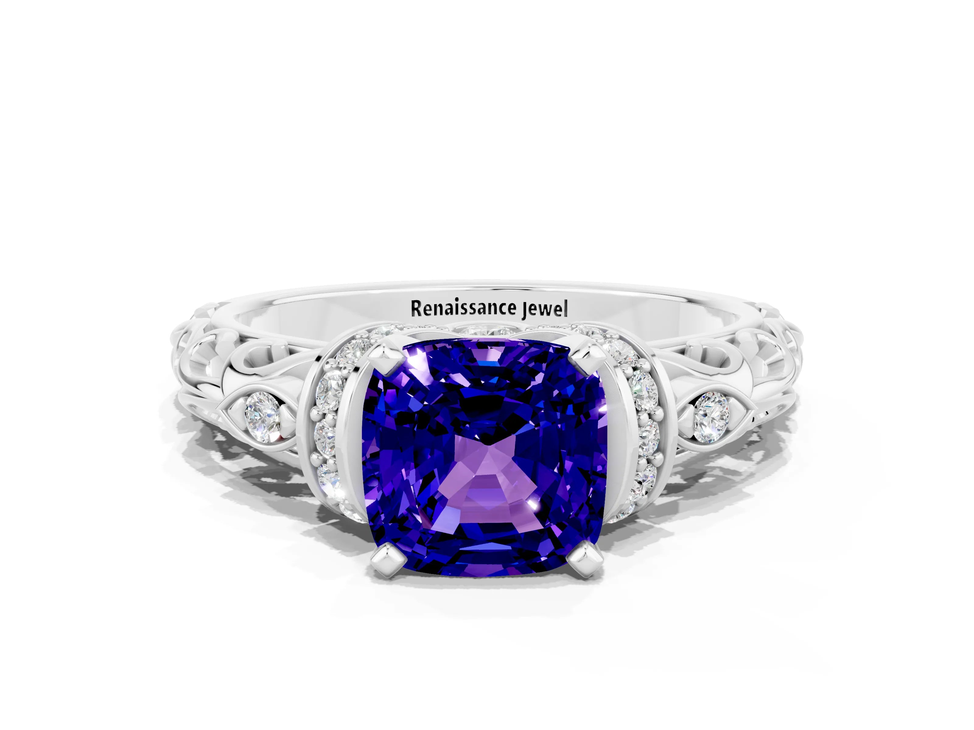 White gold Cushion Cut Tanzanite Solitaire Ring with Filigree Band and Four-Prong Setting_72