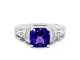 White gold Cushion Cut Tanzanite Solitaire Ring with Filigree Band and Four-Prong Setting_72
