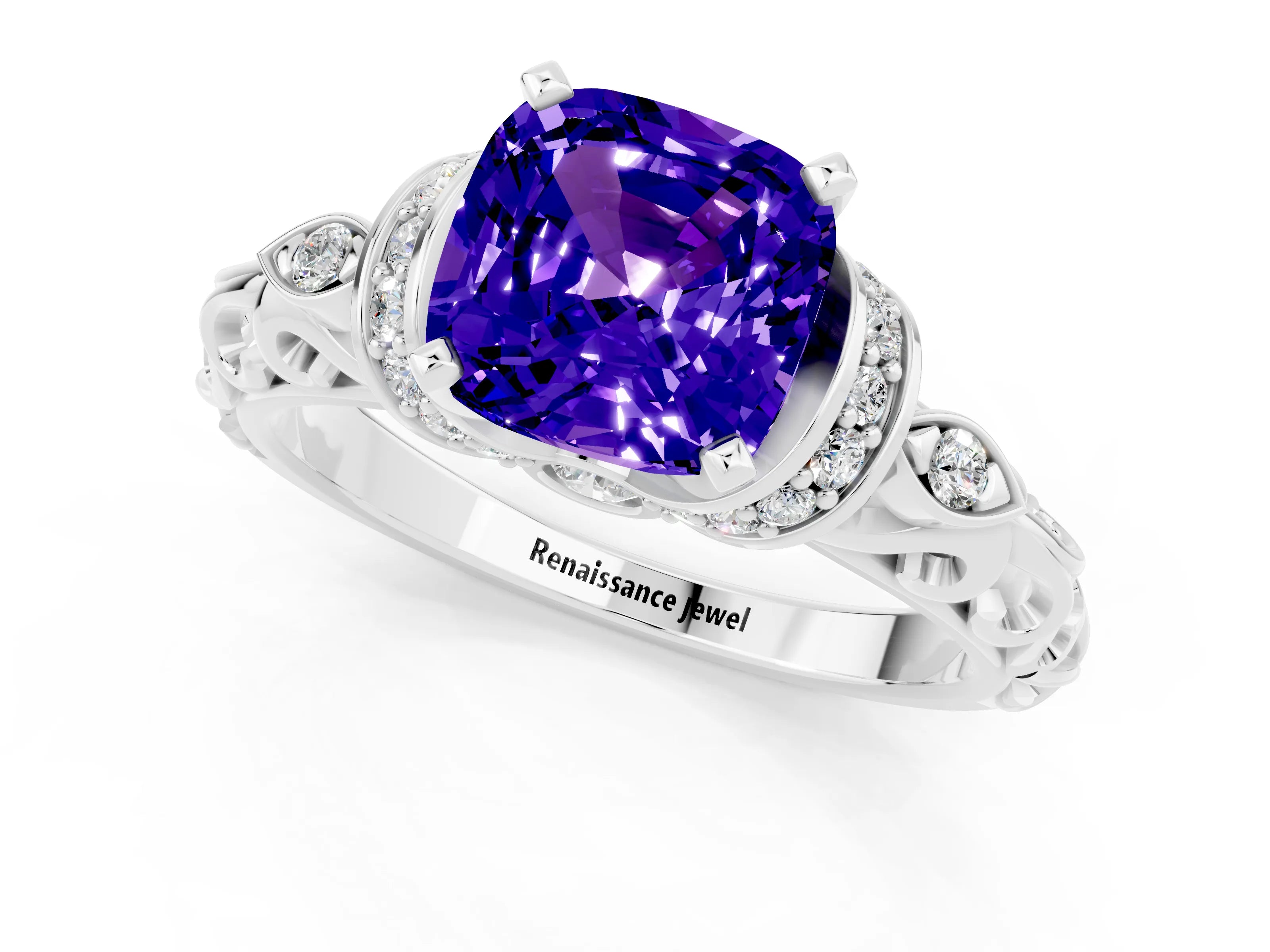 White gold Cushion Cut Tanzanite Solitaire Ring with Filigree Band and Four-Prong Setting_73