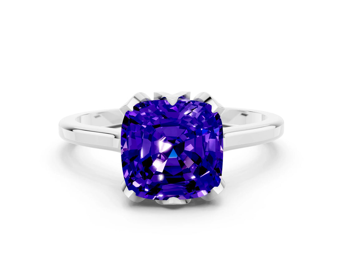 White gold Cushion Cut Tanzanite Solitaire Ring with Flower Prong Setting and Classic Band_12