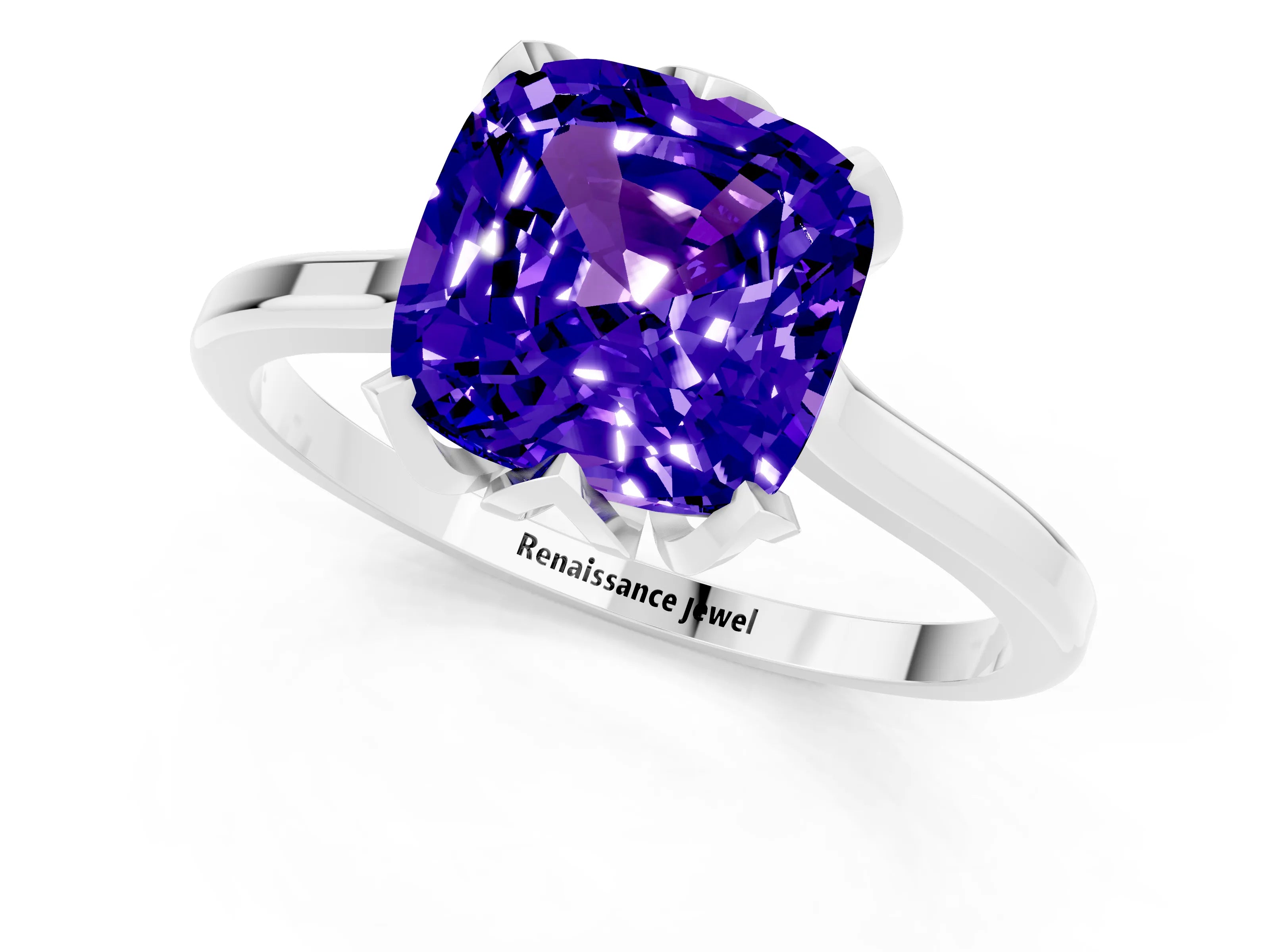 White gold Cushion Cut Tanzanite Solitaire Ring with Flower Prong Setting and Classic Band_13