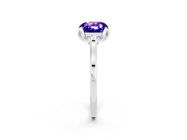 Platinum Cushion Cut Tanzanite Solitaire Ring with Flower Prong Setting and Classic Band