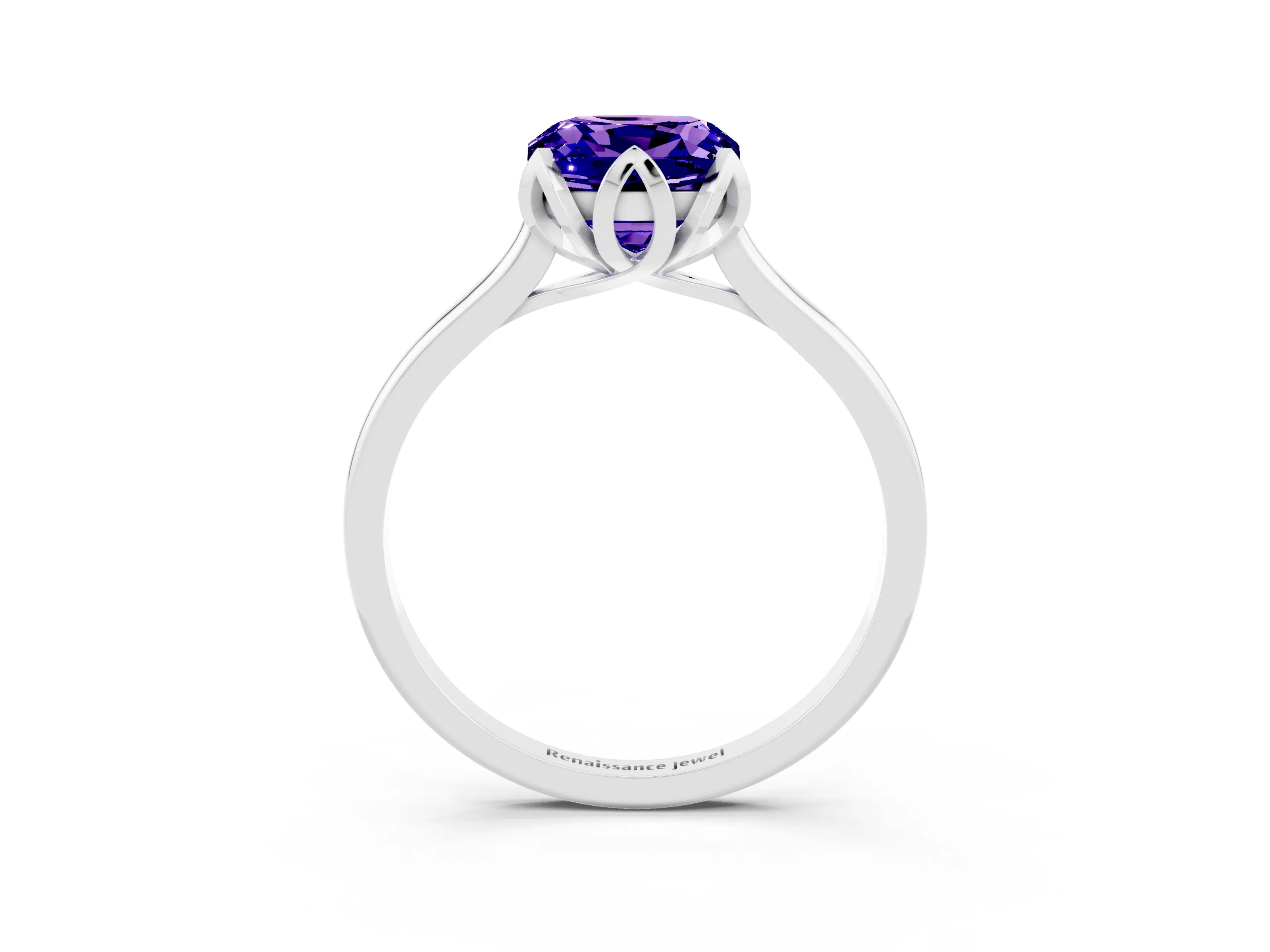White gold Cushion Cut Tanzanite Solitaire Ring with Flower Prong Setting and Classic Band_15
