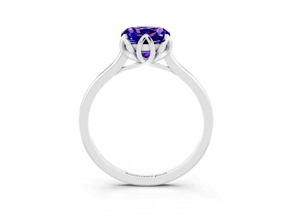 White gold Cushion Cut Tanzanite Solitaire Ring with Flower Prong Setting and Classic Band