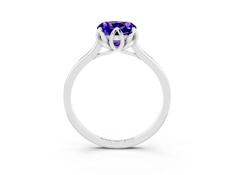 White gold Cushion Cut Tanzanite Solitaire Ring with Flower Prong Setting and Classic Band_15