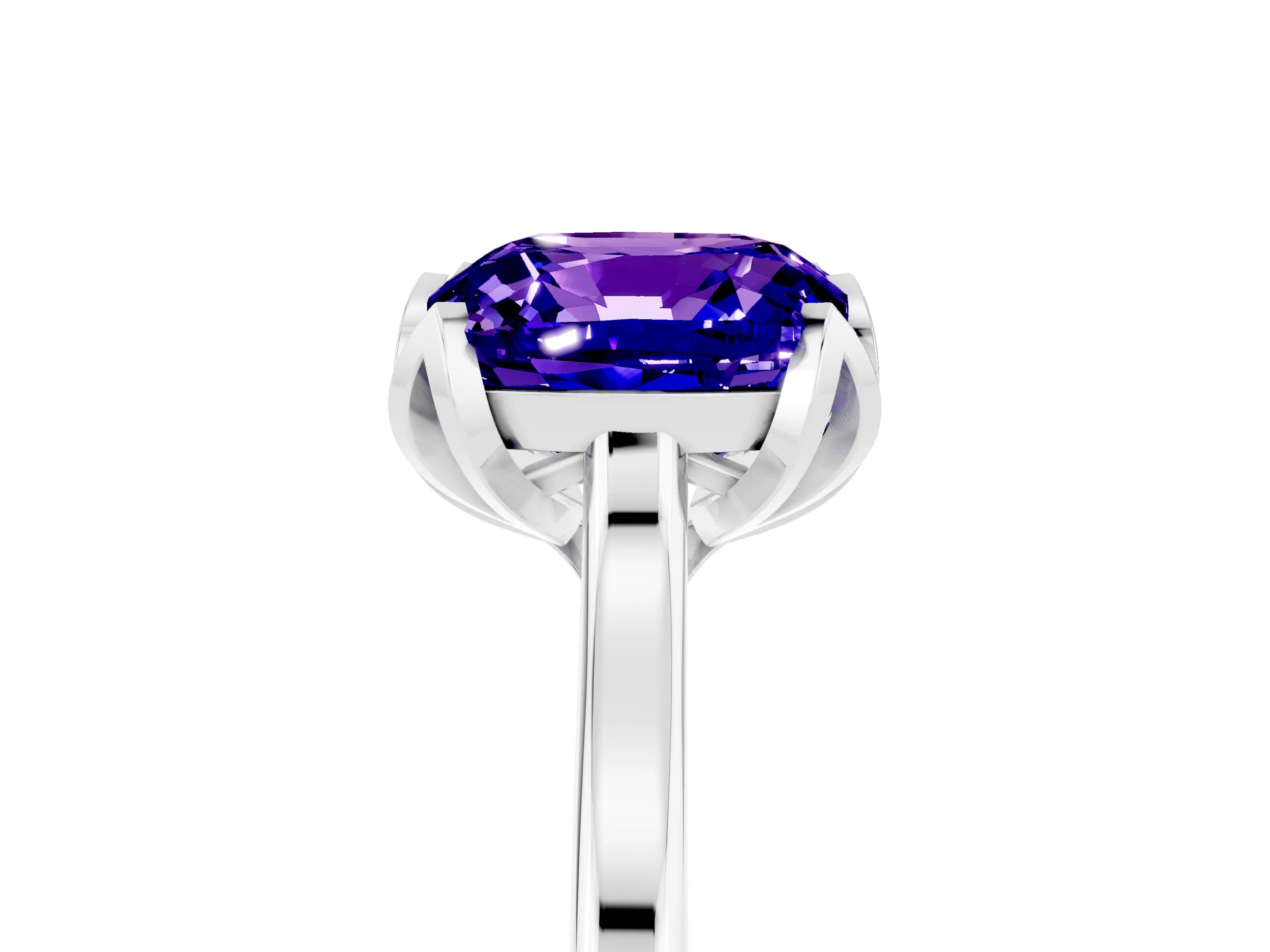 White gold Cushion Cut Tanzanite Solitaire Ring with Flower Prong Setting and Classic Band_17