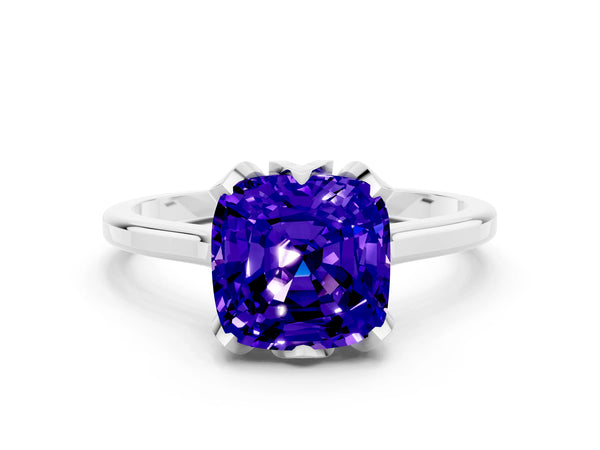 White gold Cushion Cut Tanzanite Solitaire Ring with Flower Prong Setting and Classic Band