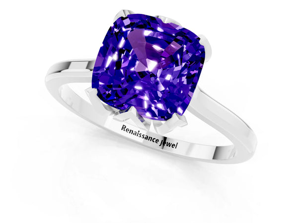 White gold Cushion Cut Tanzanite Solitaire Ring with Flower Prong Setting and Classic Band