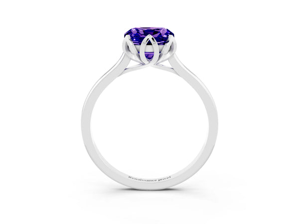 White gold Cushion Cut Tanzanite Solitaire Ring with Flower Prong Setting and Classic Band
